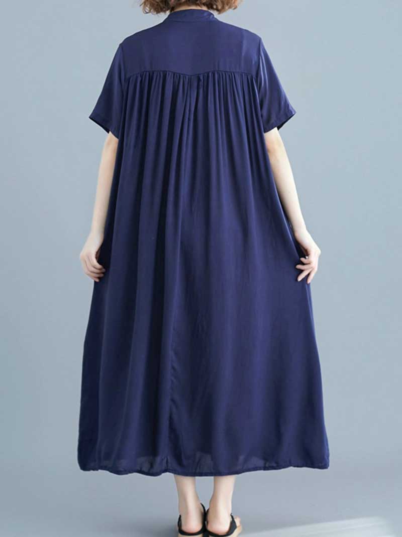 Long Cotton Front Button Cotton Shirt Dress (Navy Blue - Army Green - Brown)