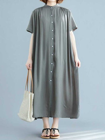 Long Cotton Front Button Cotton Shirt Dress (Navy Blue - Army Green - Brown)