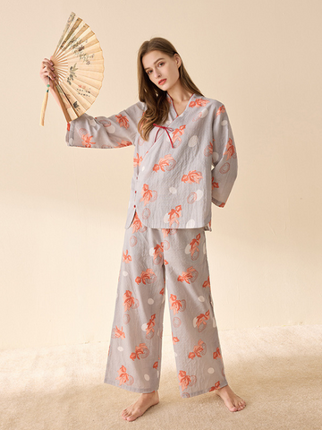 Cute Floral Print Loose Pajamas Suit for Women's