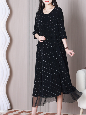 Let Them Go Round Neck Stylish Polka Dots A-line Dress