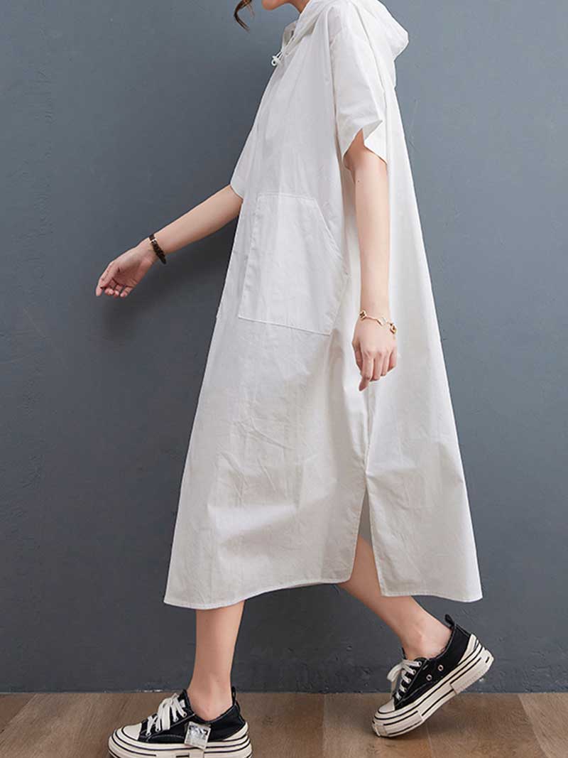 Hooded Plain Double Side Pocket Mid Dress