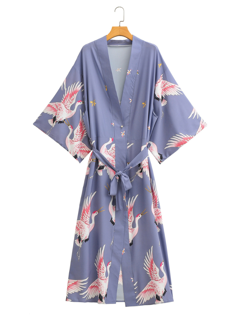 Bird Floral Long Kimono, beach cover up, long beach kimono