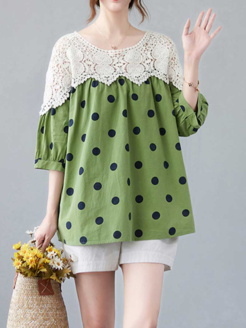 Polka Dot Print Cotton Floral Net Lace Shirt Top