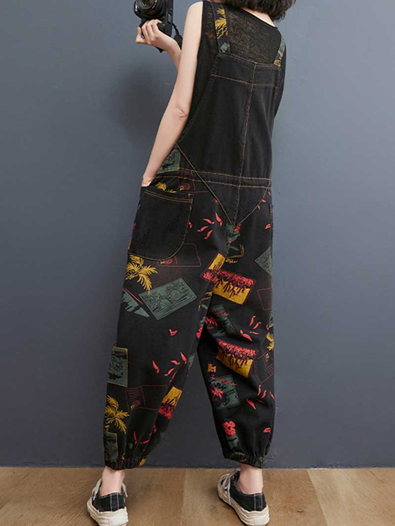 Denim Printed Nine-Point Pants High Waist Overalls Dungaree