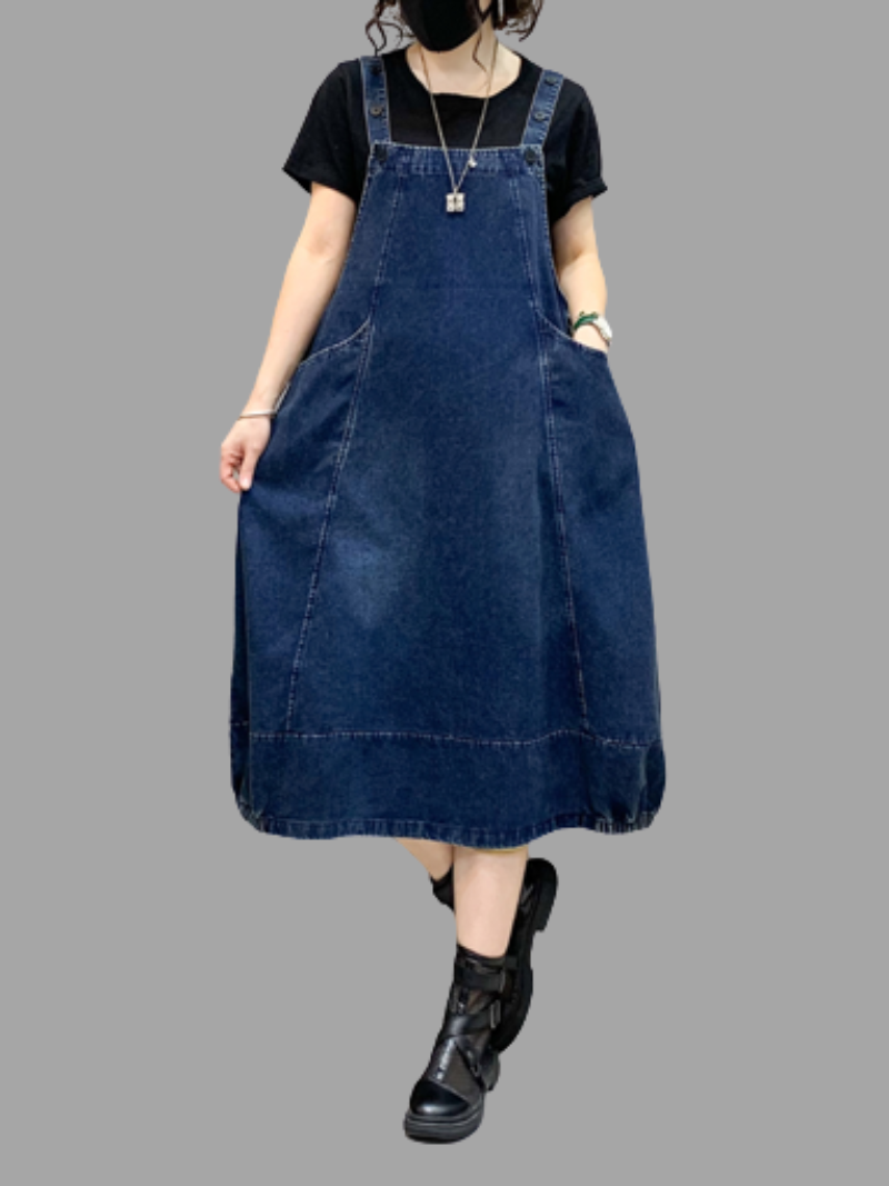 Denim Mid-Length Over-The-Knee Casual Salopette Dress