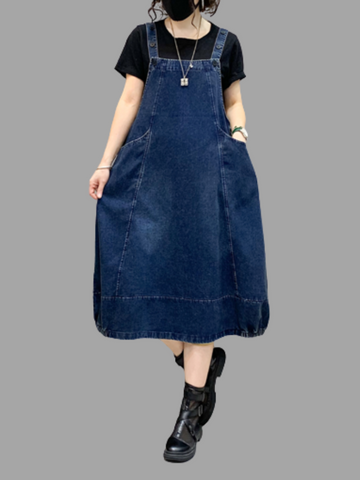 Denim Mid-Length Over-The-Knee Casual Salopette Dress