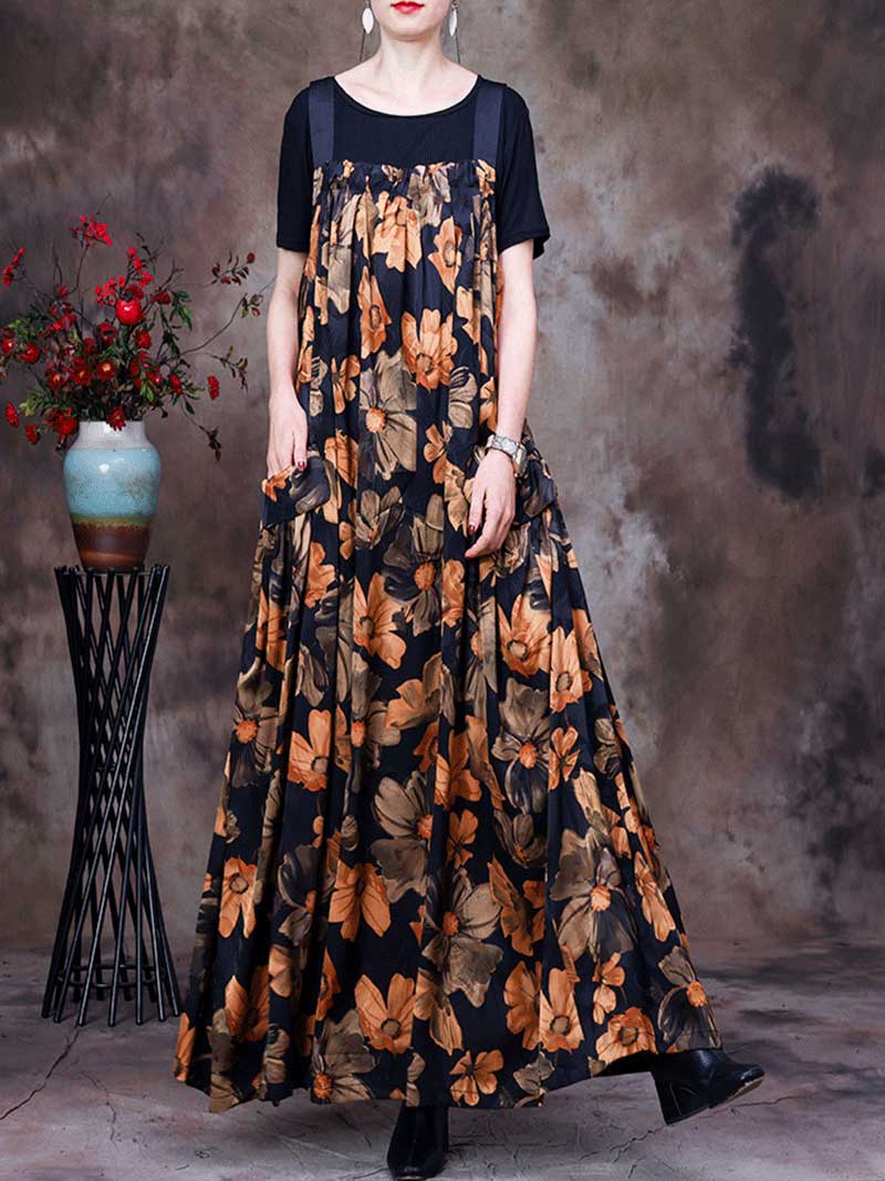 Always Glowing Printed  Pleated Pocket Maxi Salopette Dress