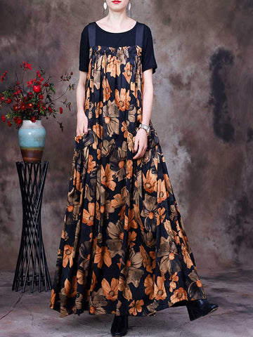 Always Glowing Printed  Pleated Pocket Maxi Salopette Dress