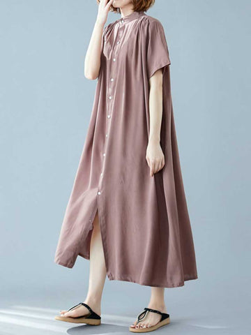 Long Cotton Front Button Cotton Shirt Dress (Navy Blue - Army Green - Brown)