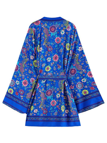 Birthday Wear Cotton Floral Blue Color Printed Kimono Gown Duster Robe