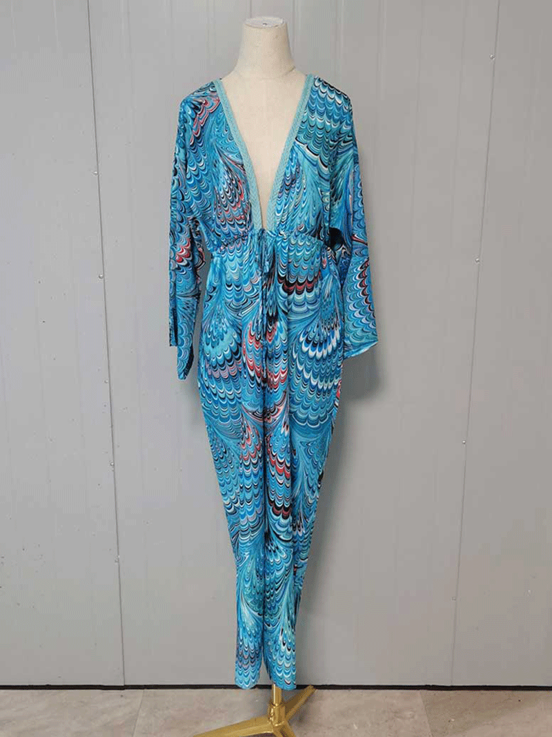 Printed Blue Color Polyester Long Length Gown Kimono Duster Robe