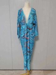 Printed Blue Color Polyester Long Length Gown Kimono Duster Robe