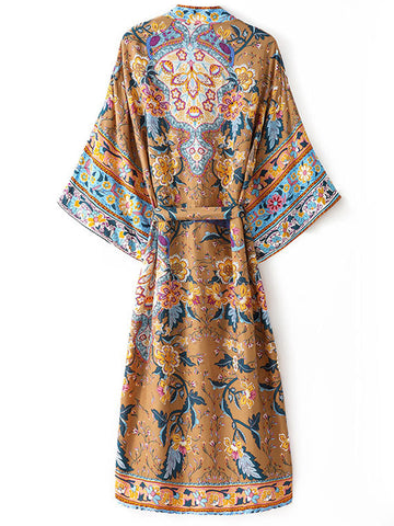 Beachwear Kimono Robe Floral Print Brown Color Cotton Long Length Gown Duster Robe