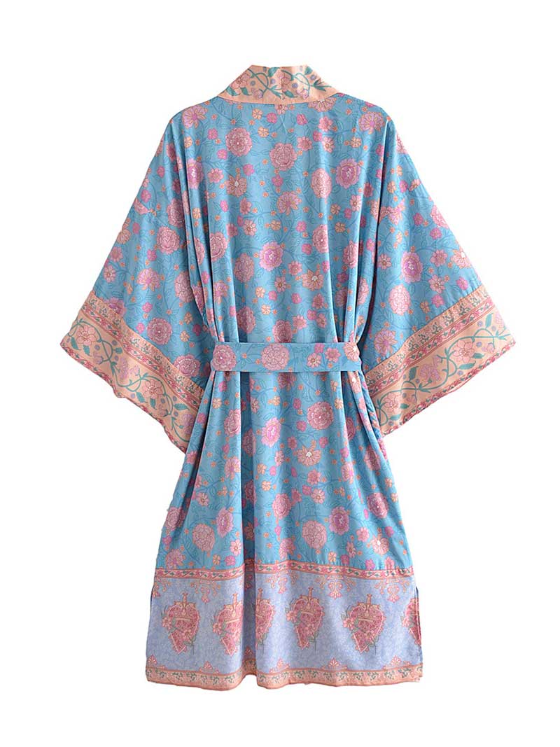 Beachwear Blue Color Printed Long Duster Robe Kimono