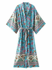 Printed Blue Color Cotton Long Length Gown Kimono Duster Robe