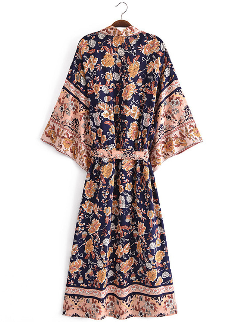 Beachwear Floral Print Black Color Cotton Long Length Gown Kimono Duster Robe