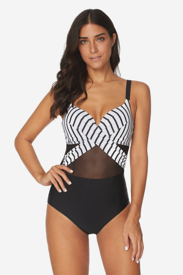 Mesh Striped One Piece Swimwear