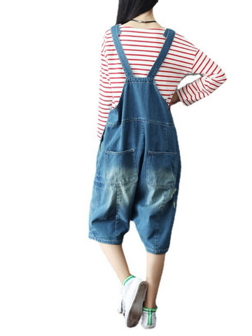 Bohemian Style Short Patch Denim Overalls