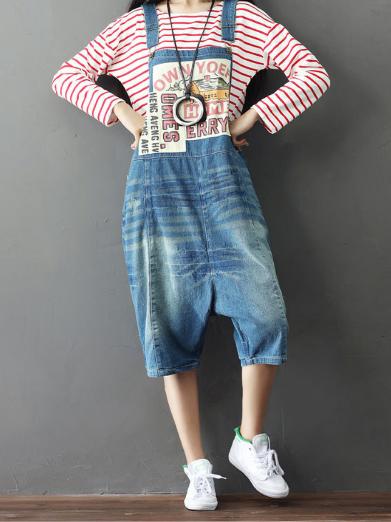 Bohemian Style Short Patch Denim Overalls