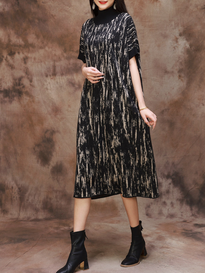 Fashionable Camouflage Half Collar Knitted Midi Dress