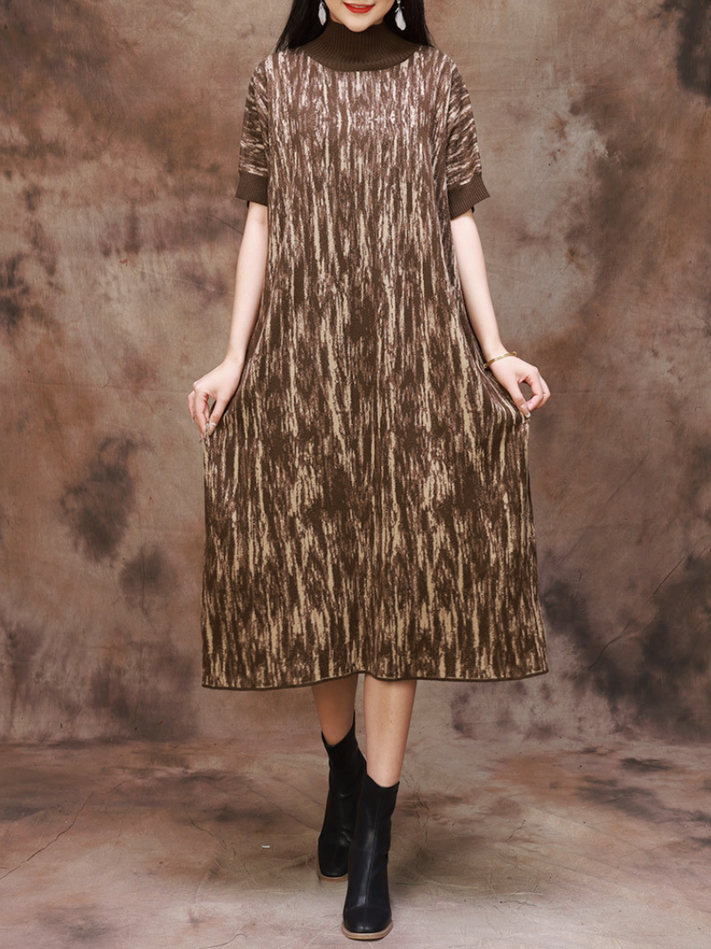 Fashionable Camouflage Half Collar Knitted Midi Dress