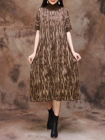 Fashionable Camouflage Half Collar Knitted Midi Dress