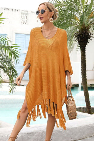 Fringe Trim Dolman Sleeve Openwork Cover Up