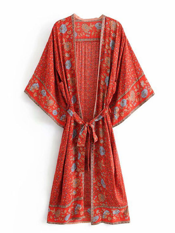 Beachwear Floral Print Red Color Cotton Long Length Gown Kimono Duster Robe