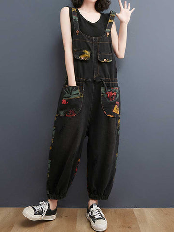 Denim Printed Nine-Point Pants High Waist Overalls Dungaree