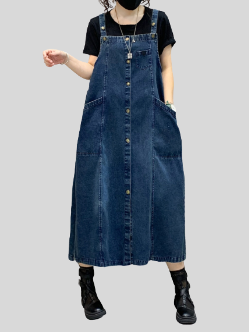 Denim Midi-Length Over-The-Knee Casual Salopette Dress