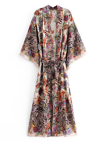 Beachwear Floral Print Black Color Cotton Long Length Gown Kimono Duster Robe