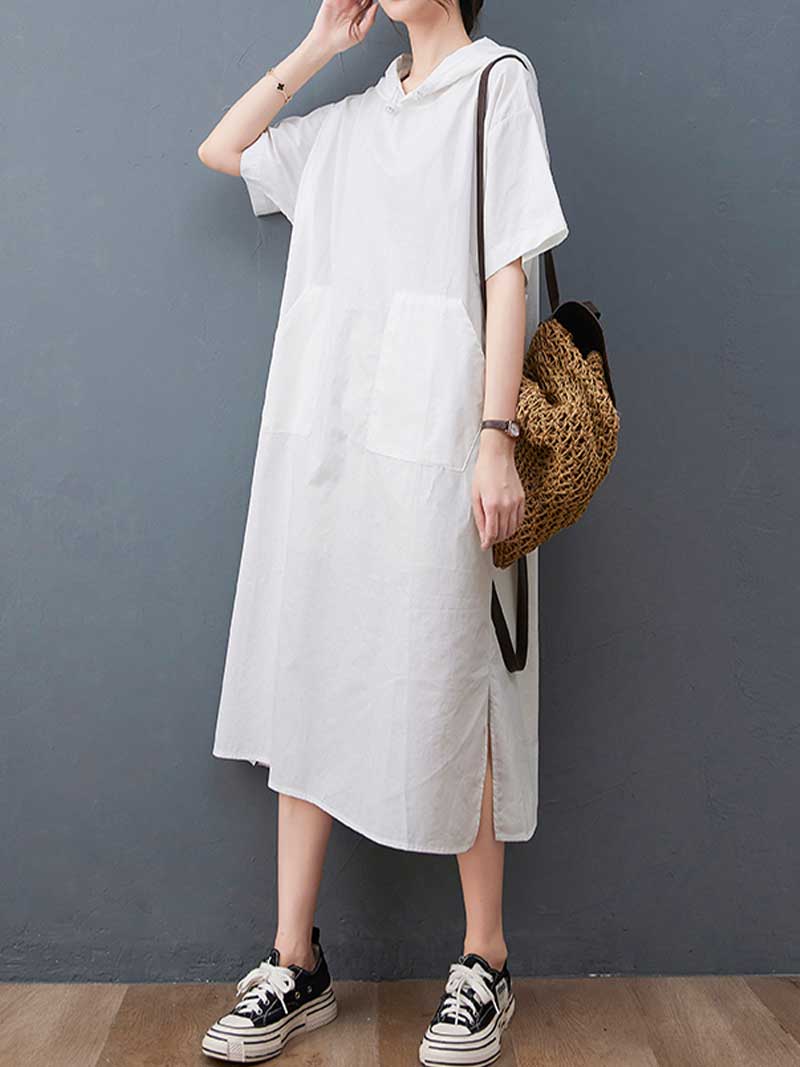 Hooded Plain Double Side Pocket Mid Dress