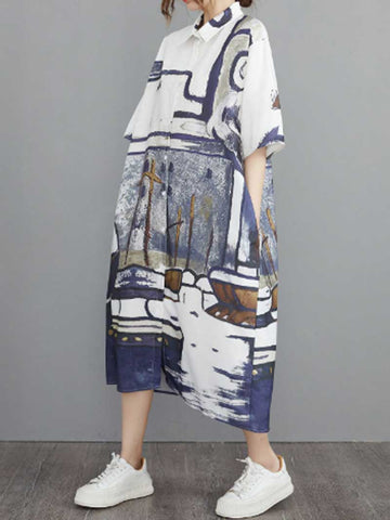 Abstract Art Print Cotton Short Sleeve A-Line Shirt Dress