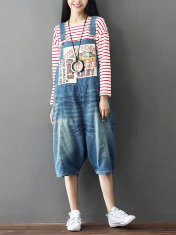 Bohemian Style Short Patch Denim Overalls