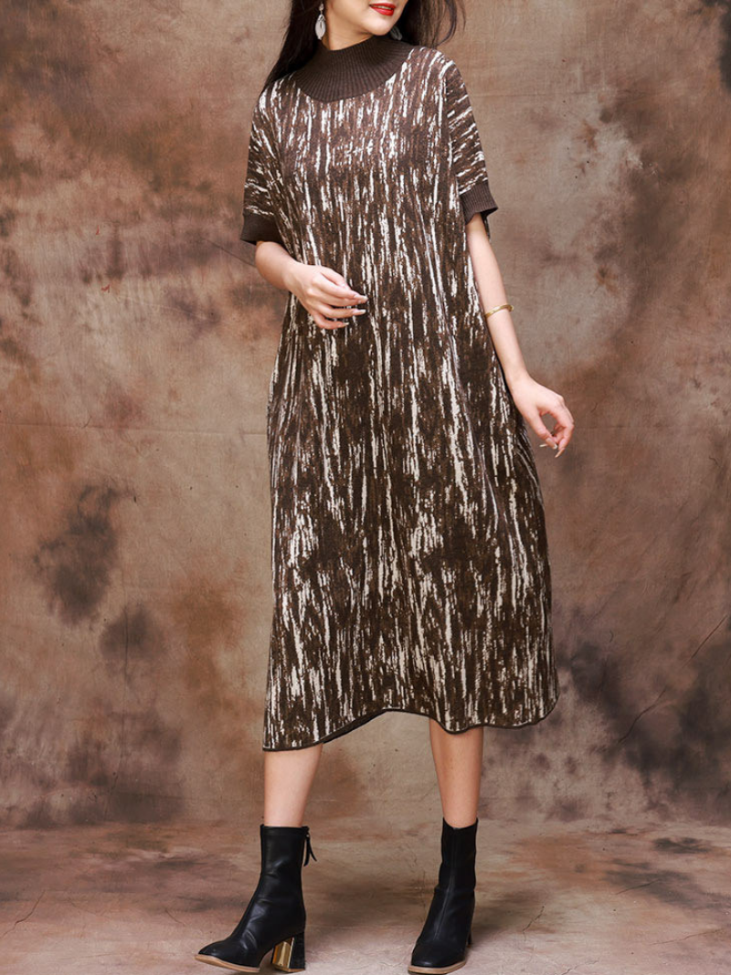 Fashionable Camouflage Half Collar Knitted Midi Dress