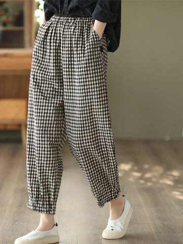 Elastic Waist Plaid Casual Harem Trousers Bottom Pants