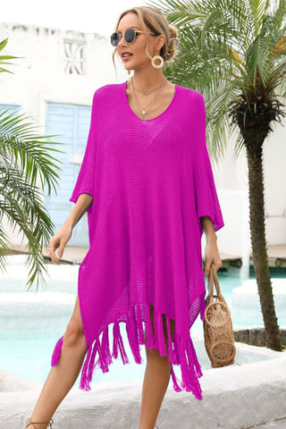 Fringe Trim Dolman Sleeve Openwork Cover Up