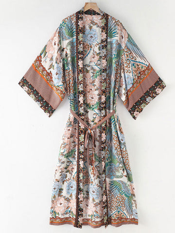 Beachwear Cotton Long Length Floral With Birds Print Blue, White & Green Color Gown Kimono Duster Robe