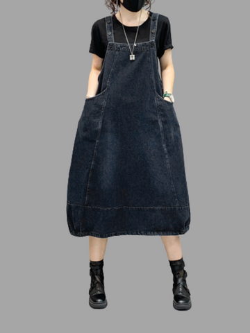 Denim Mid-Length Over-The-Knee Casual Salopette Dress