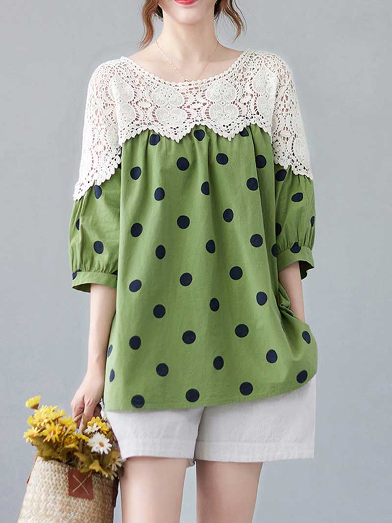 Polka Dot Print Cotton Floral Net Lace Shirt Top