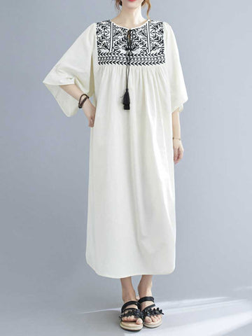 Embroidered Polyester Round-Neck A-Line Dress