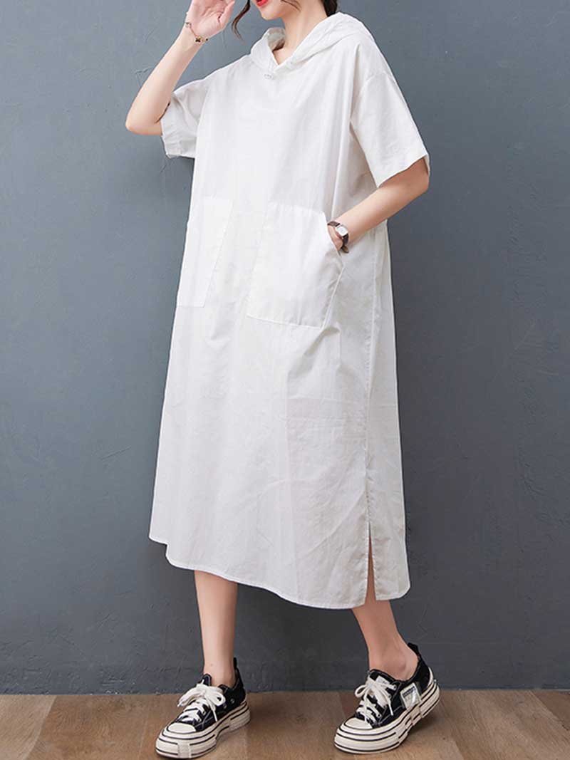 Hooded Plain Double Side Pocket Mid Dress