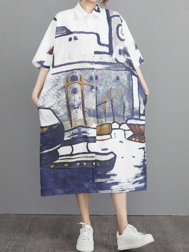 Abstract Art Print Cotton Short Sleeve A-Line Shirt Dress