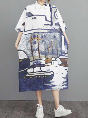 Abstract Art Print Cotton Short Sleeve A-Line Shirt Dress