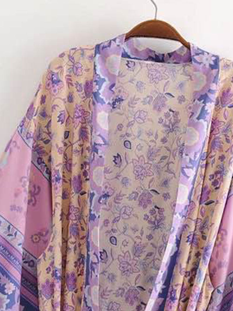 Beachwear Floral Print Violet Color Cotton Long Length Gown Kimono Duster Robe