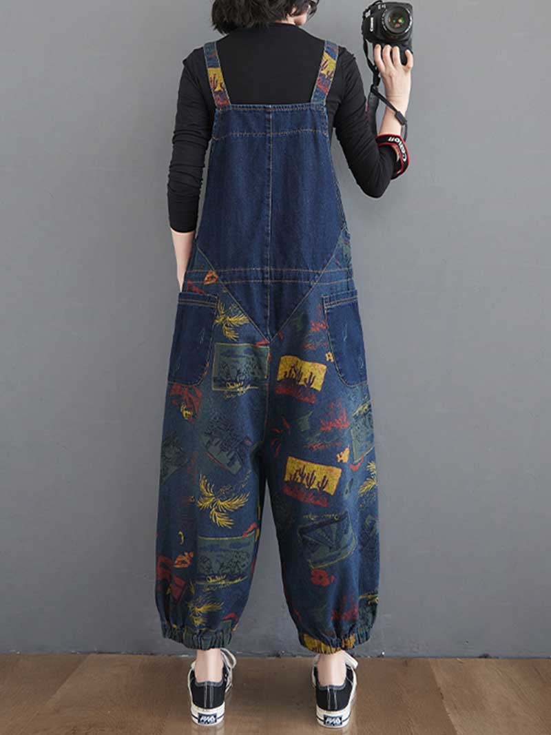 Denim Printed Nine-Point Pants High Waist Overalls Dungaree