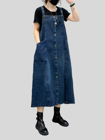 Denim Midi-Length Over-The-Knee Casual Salopette Dress