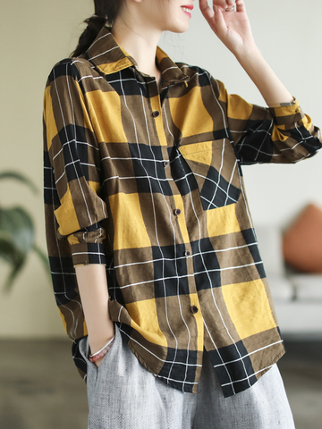 Long Sleeve Stylish Lapel Plaid Loose Causal Shirt Dress