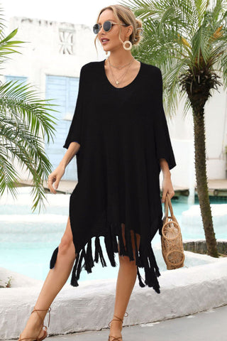 Fringe Trim Dolman Sleeve Openwork Cover Up