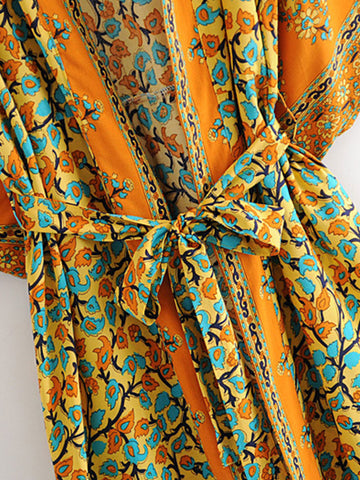 Beachwear Kimono Floral Bohemian Print Orange Color Cotton Viscose Long Length Gown Kimono Duster Robe